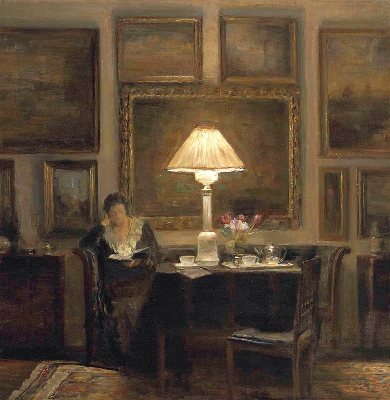 Carl Vilhelm Holsøe, A Lady Reading by Lamplight - The Culturium